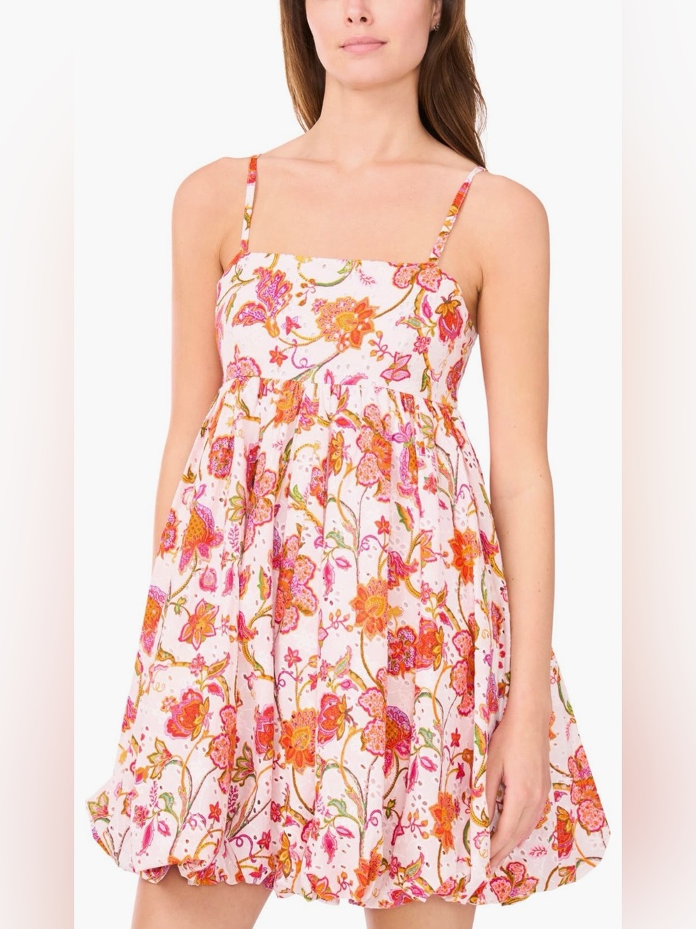 CeCe Floral Bubble Hem Large Pink White Spaghetti Strap Mini Dress Sundress